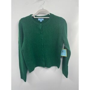 CeCe Cardigan Women Small Alpine Green Stretch Knit Ribbed Hem Dark Academia NWT